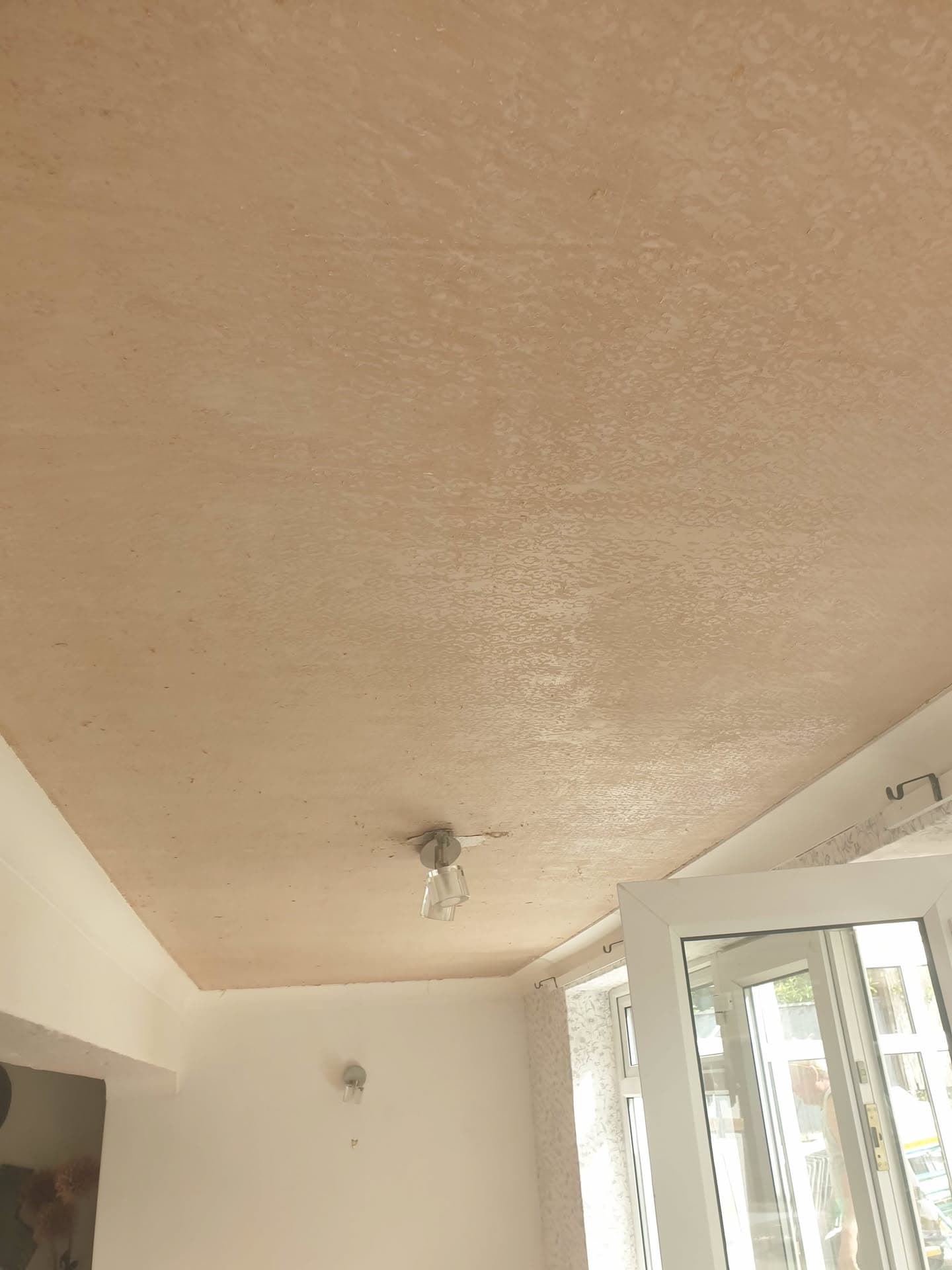 Interior ceiling showing water damage and damp staining requiring roof repair
