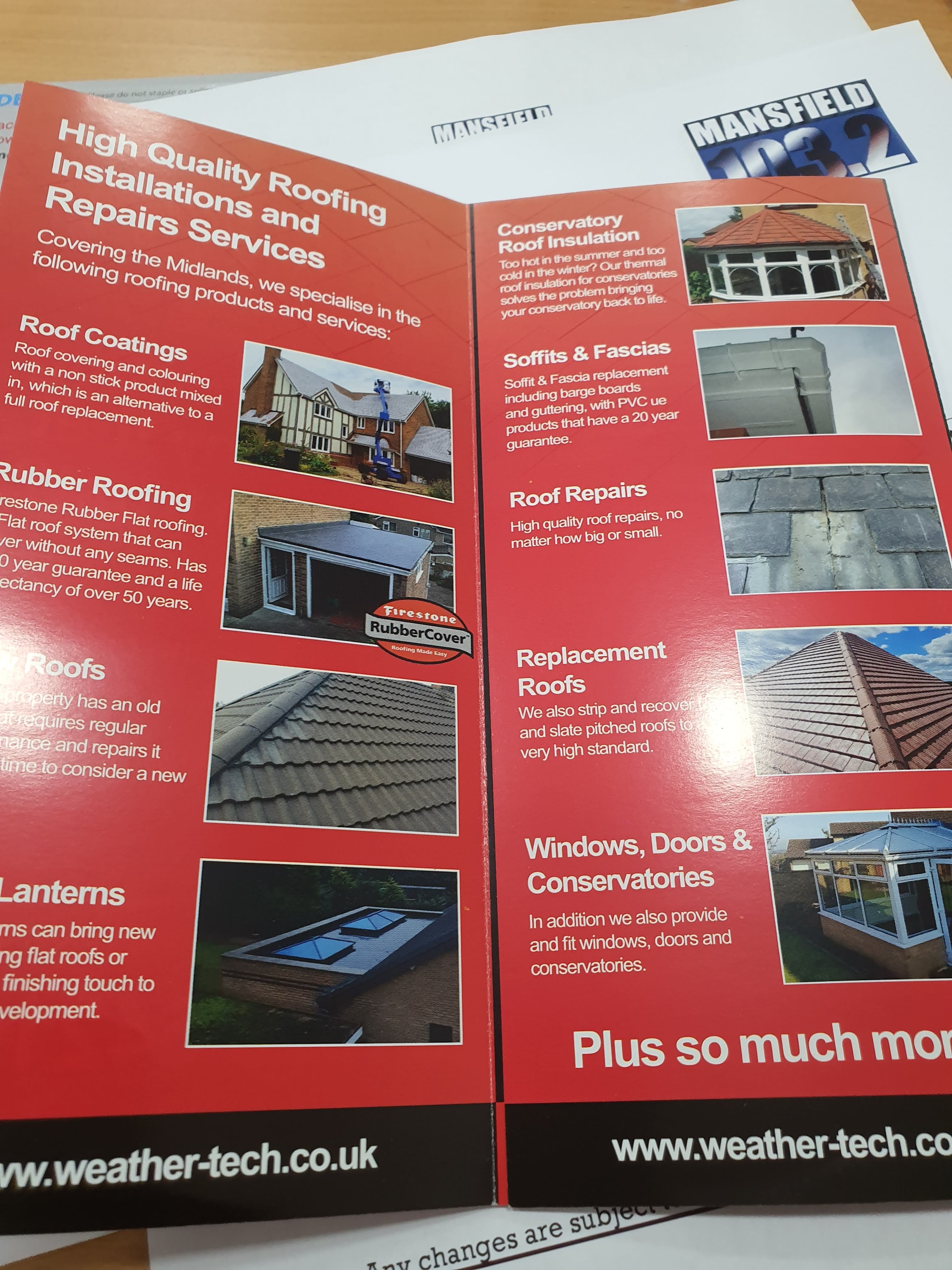 WeatherTech Roofing company brochure showing services including tiled roofs, flat roofs, conservatories, fascias and soffits