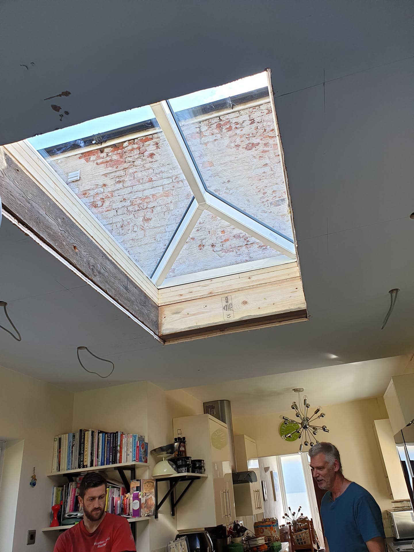 Interior view of newly installed roof lantern with timber frame and glazing panels