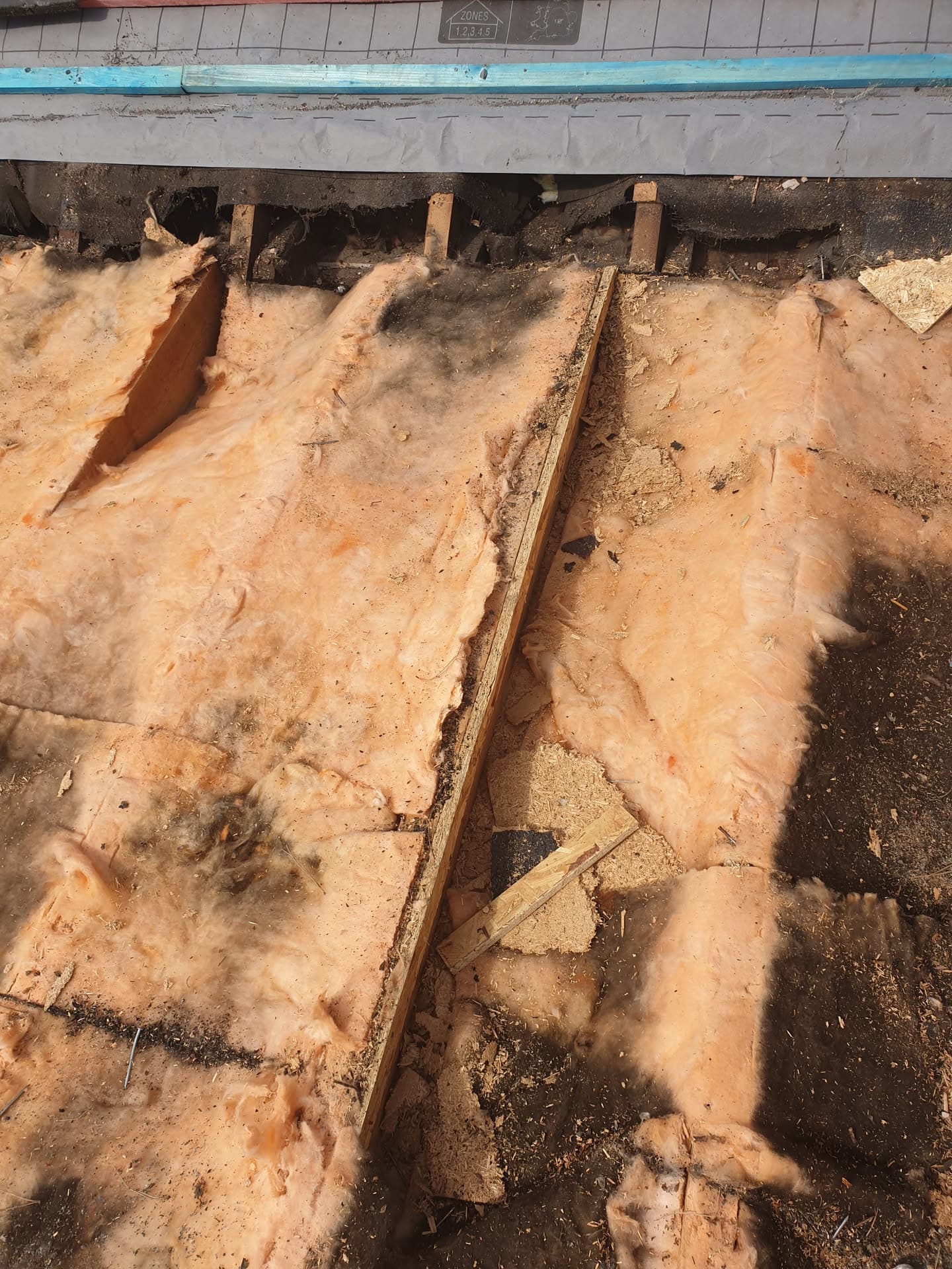 Exposed flat roof decking with deteriorated insulation and timber joists during roof replacement