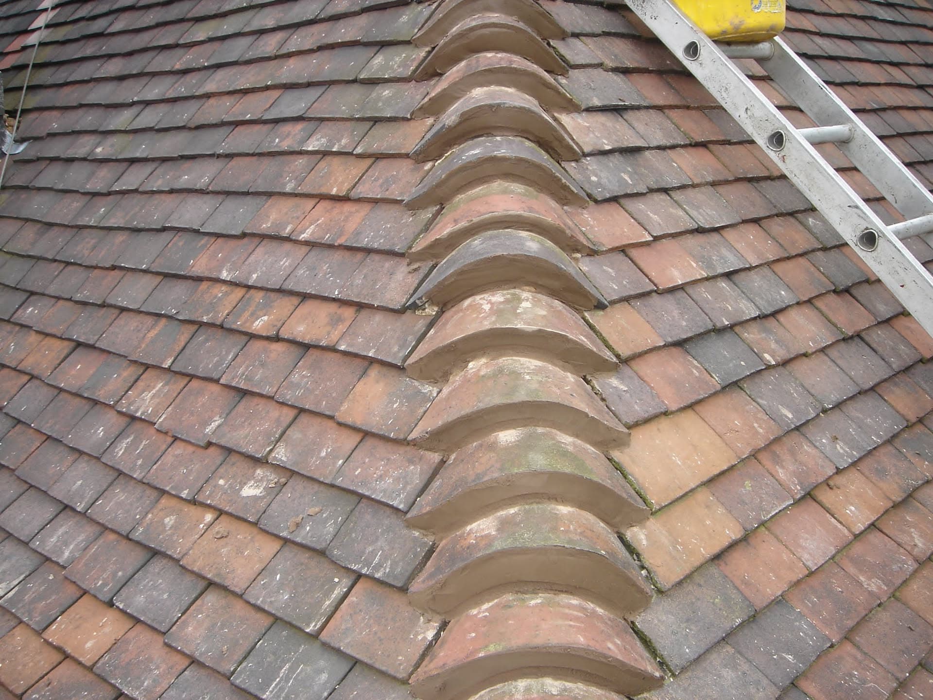 Pitched roof with clay tiles and rounded ridge tiles with ladder positioned on surface