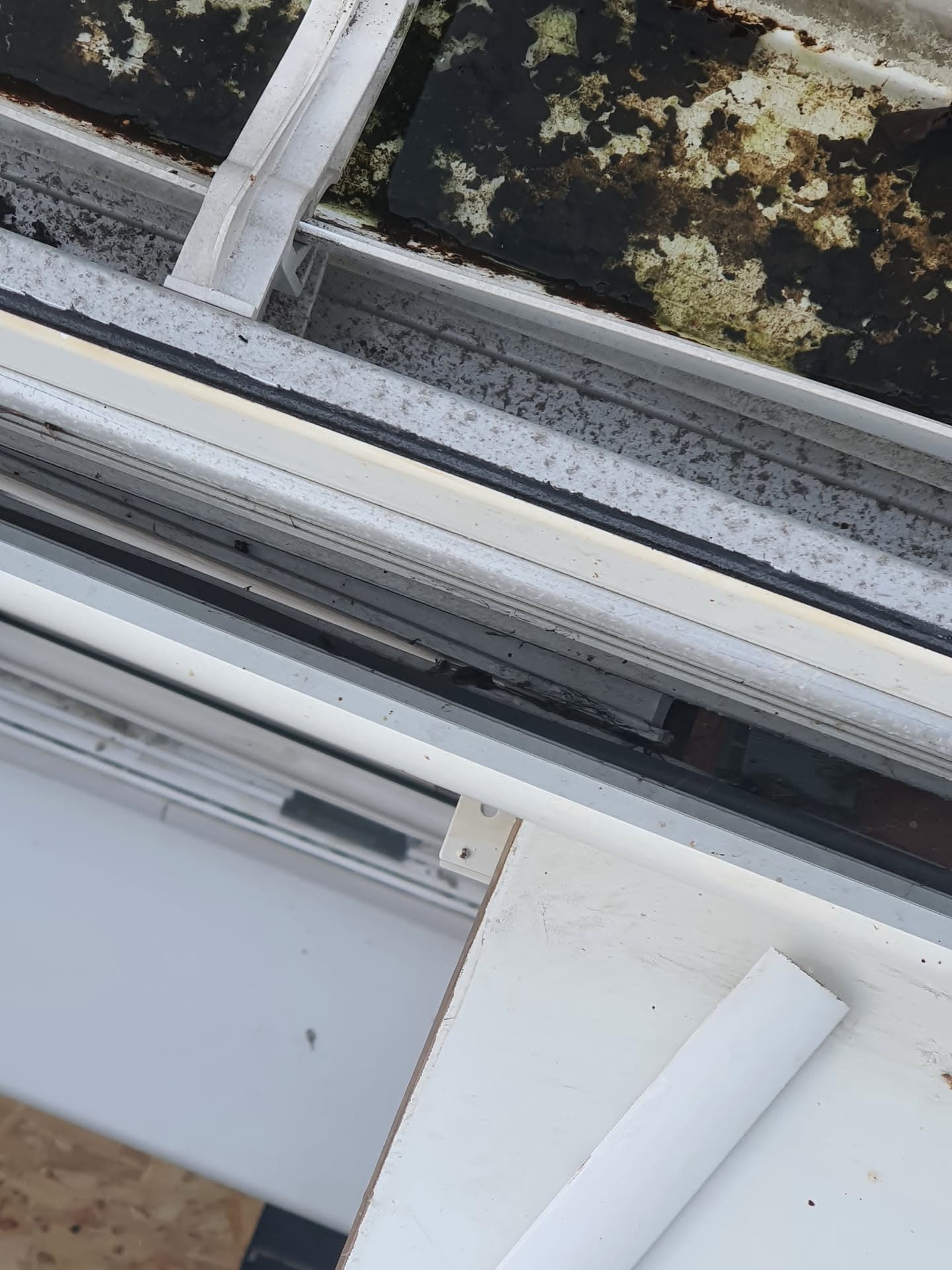 White fascia boards and guttering on conservatory roof with weathered felt surface