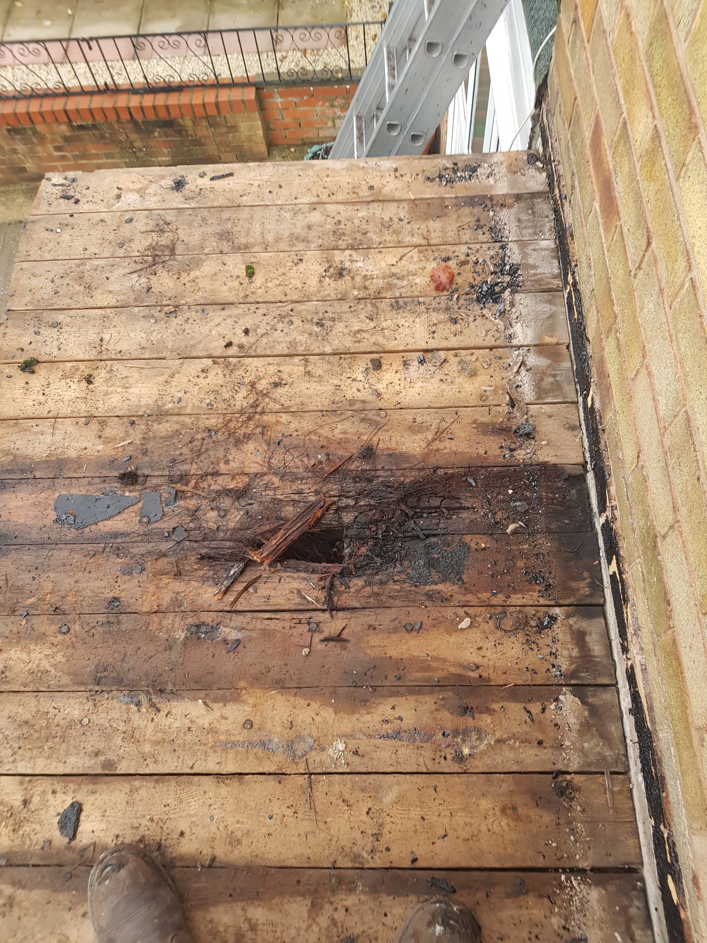 Damaged flat roof decking with deteriorated boards and debris requiring repair