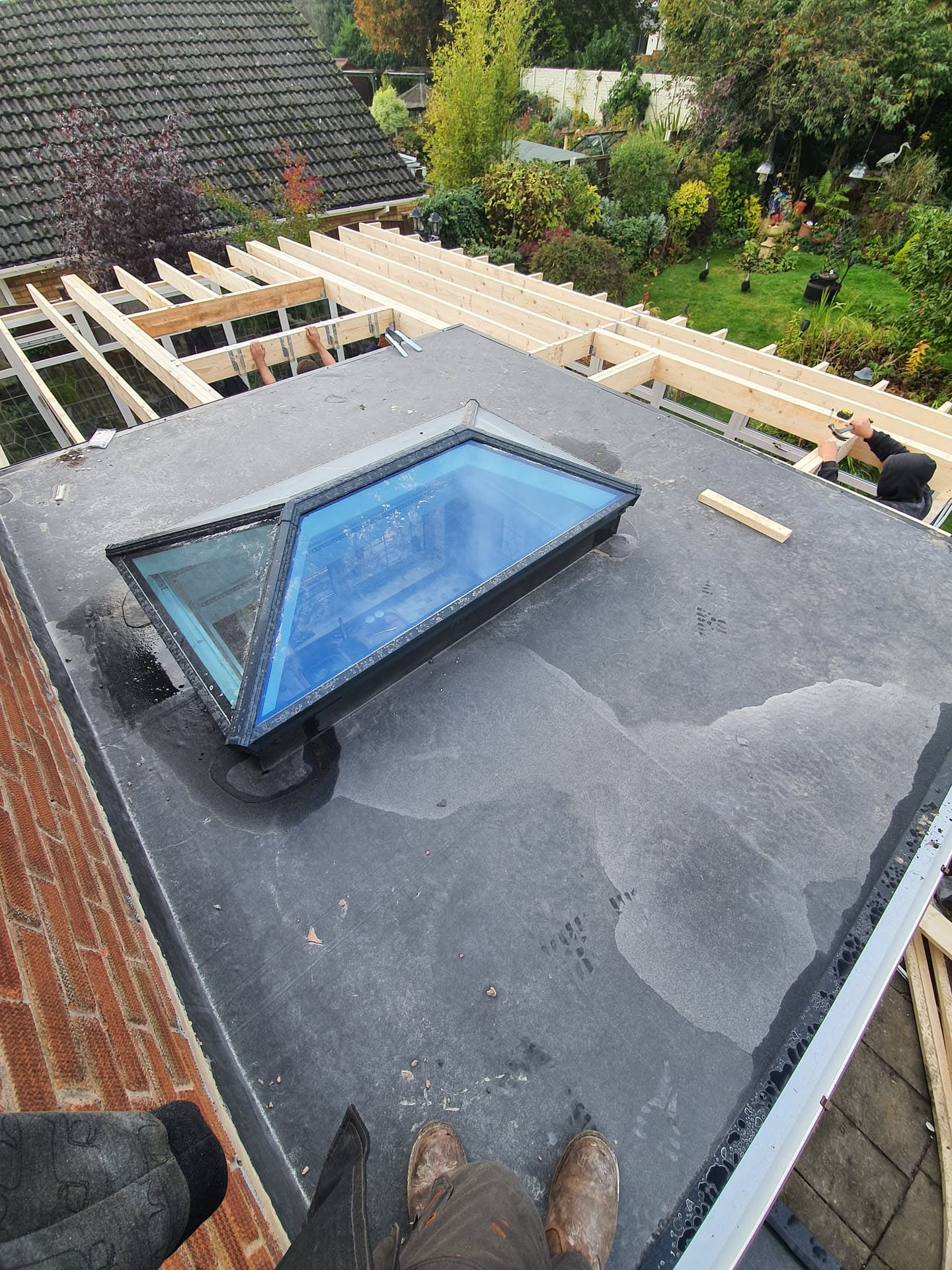 Flat roof extension with blue roof lantern and timber frame structure under construction