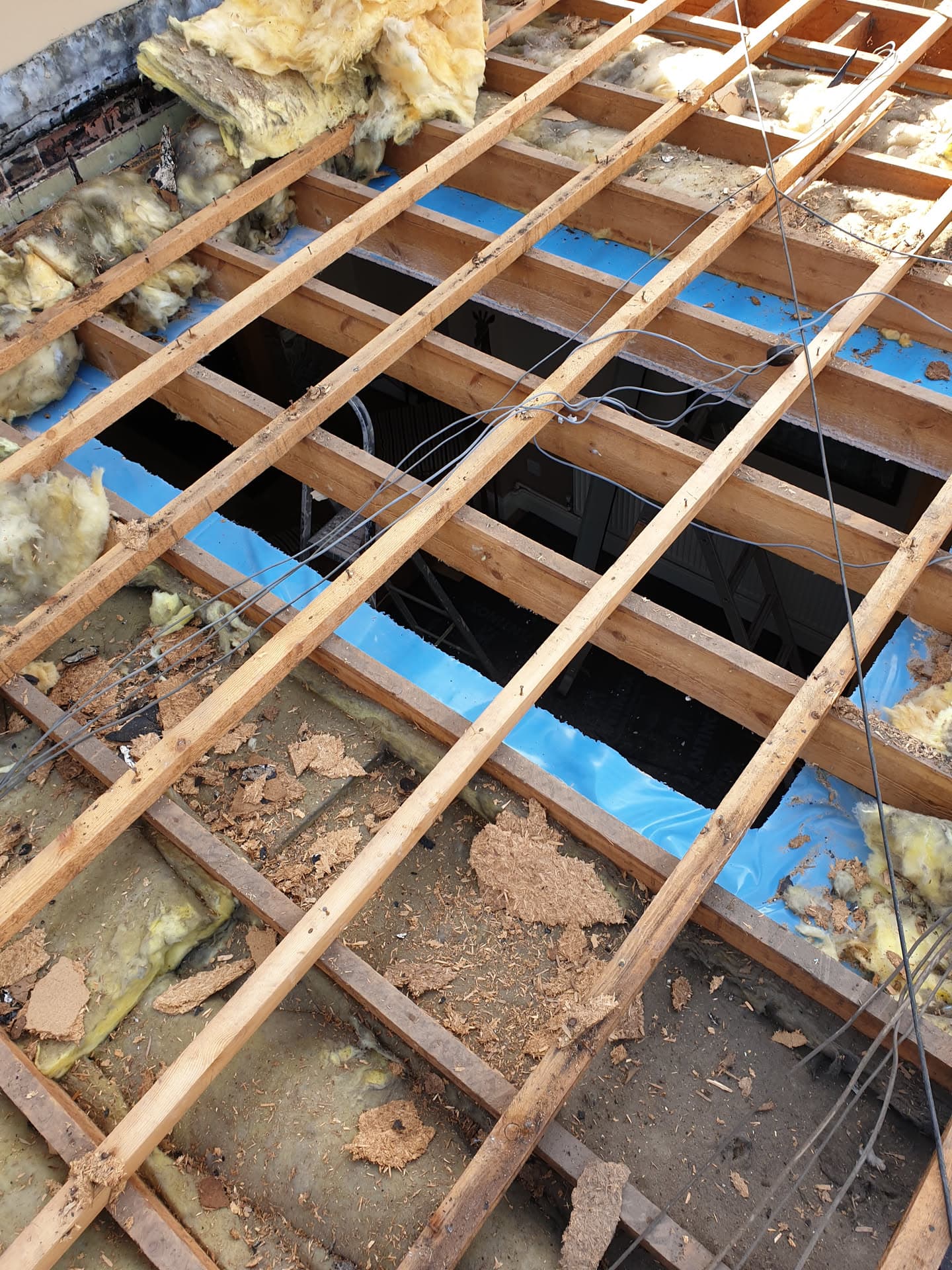 Exposed timber roof joists with old insulation removed during flat roof replacement
