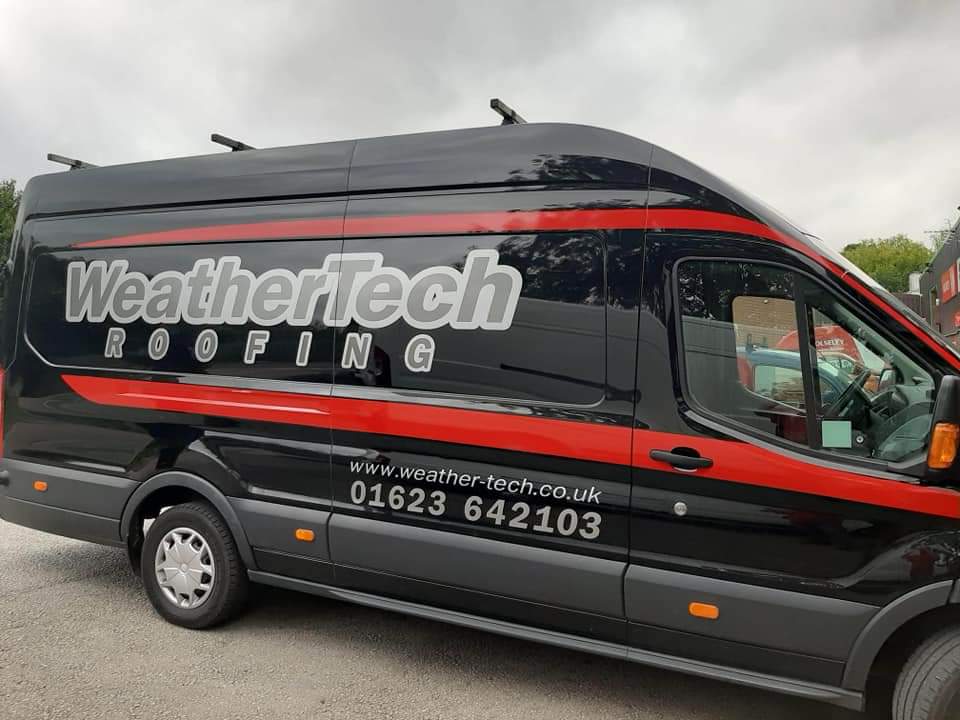 WeatherTech Roofing company van with branding and contact details