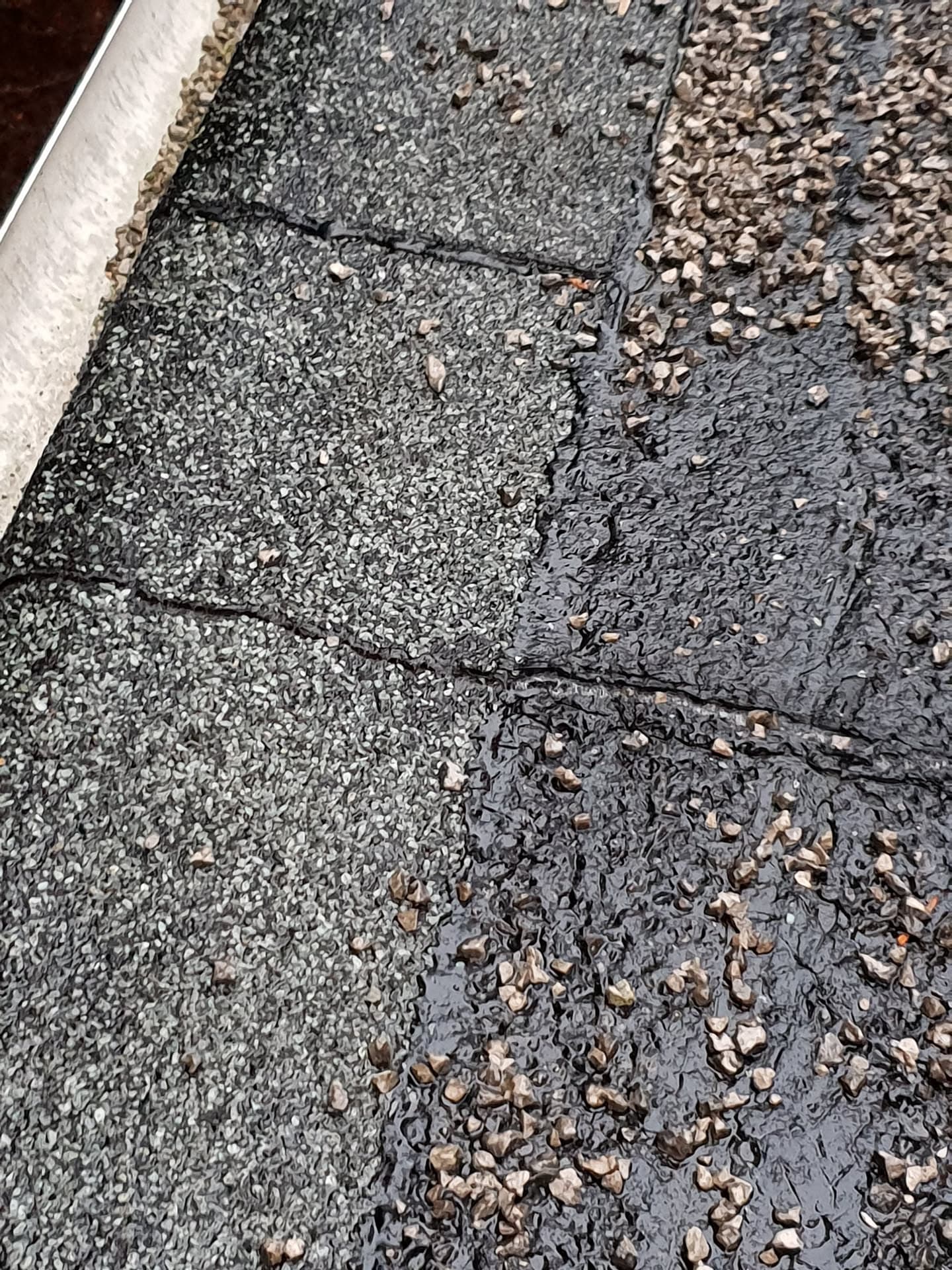 Flat roof with damaged felt surface showing cracks and deterioration with scattered leaves