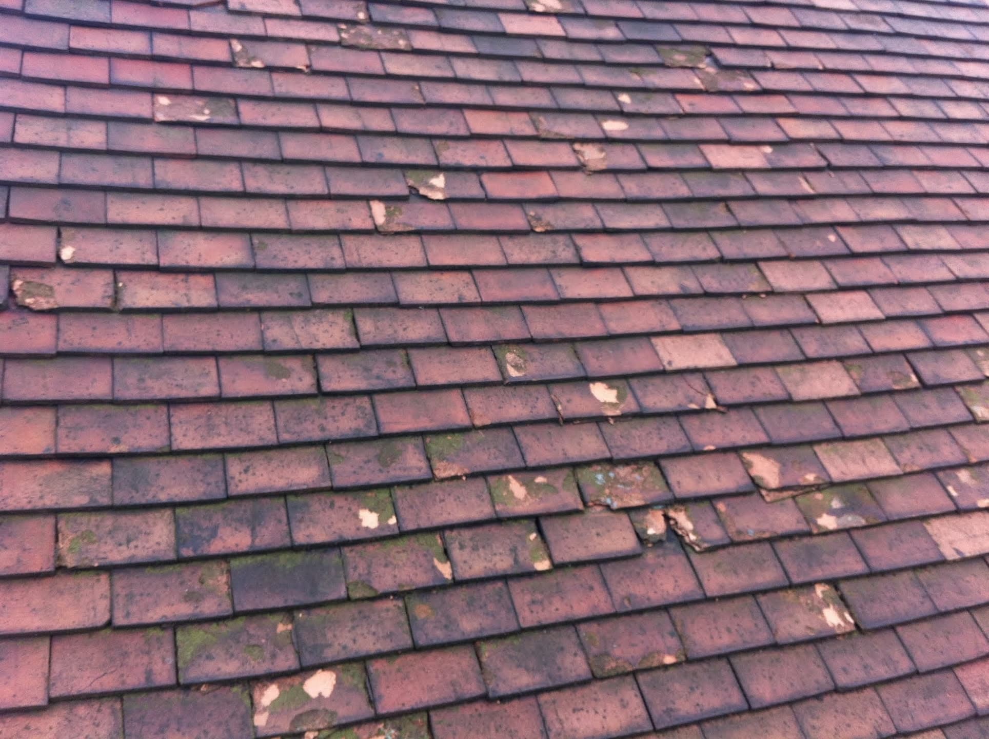 Pitched roof with weathered red clay tiles showing signs of age and moss growth