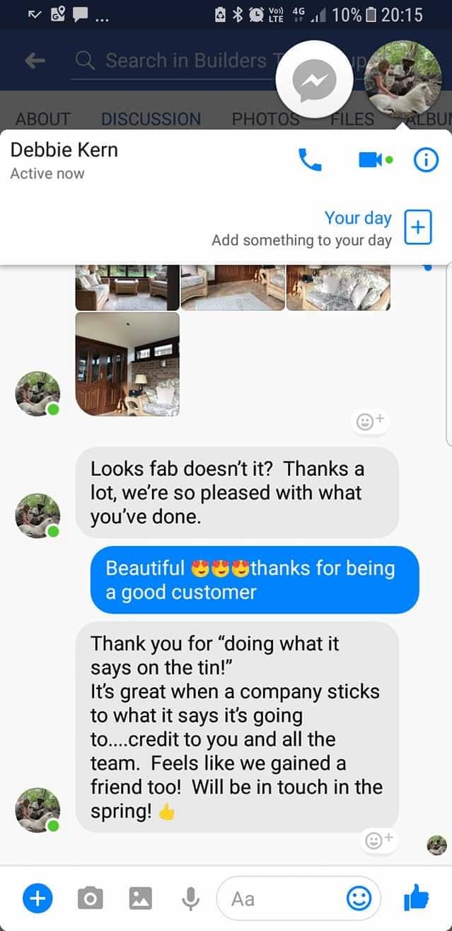 Customer testimonial conversation praising WeatherTech Roofing's work and service