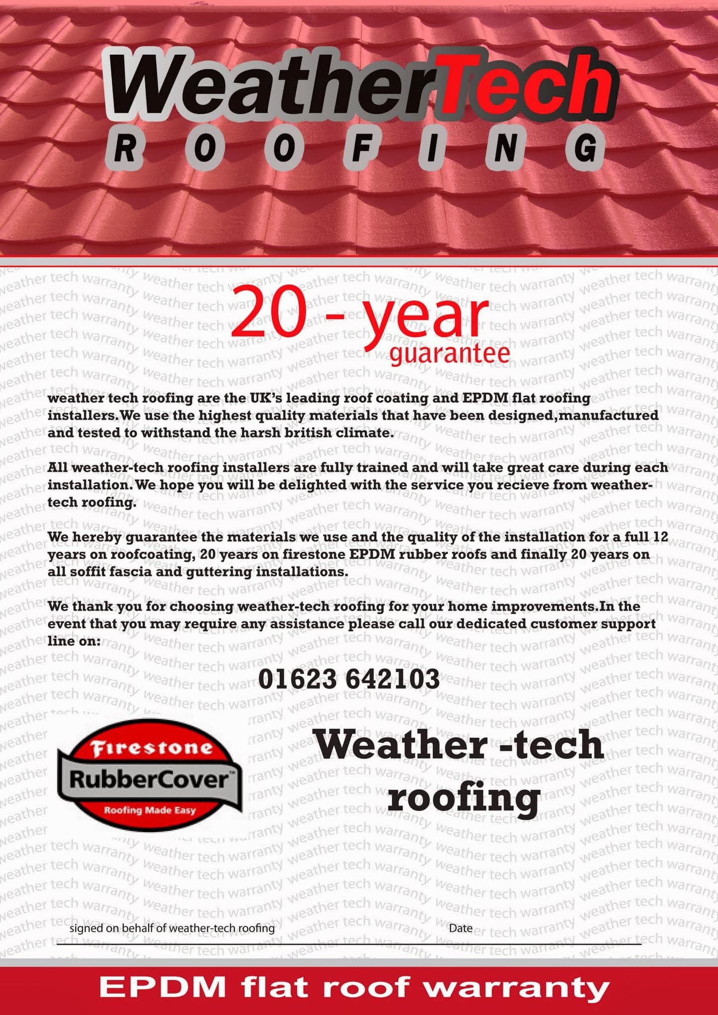 Red tiled roof with WeatherTech Roofing logo and 20-year EPDM flat roof warranty certificate