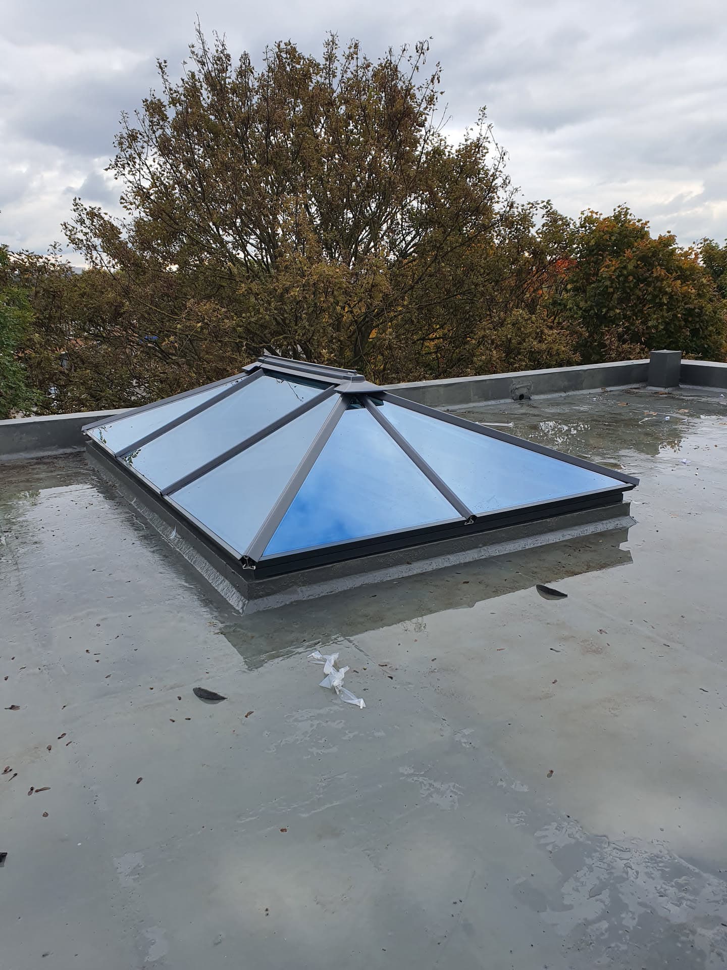 Anthracite aluminium roof lantern installed on grey flat roof with trees in background