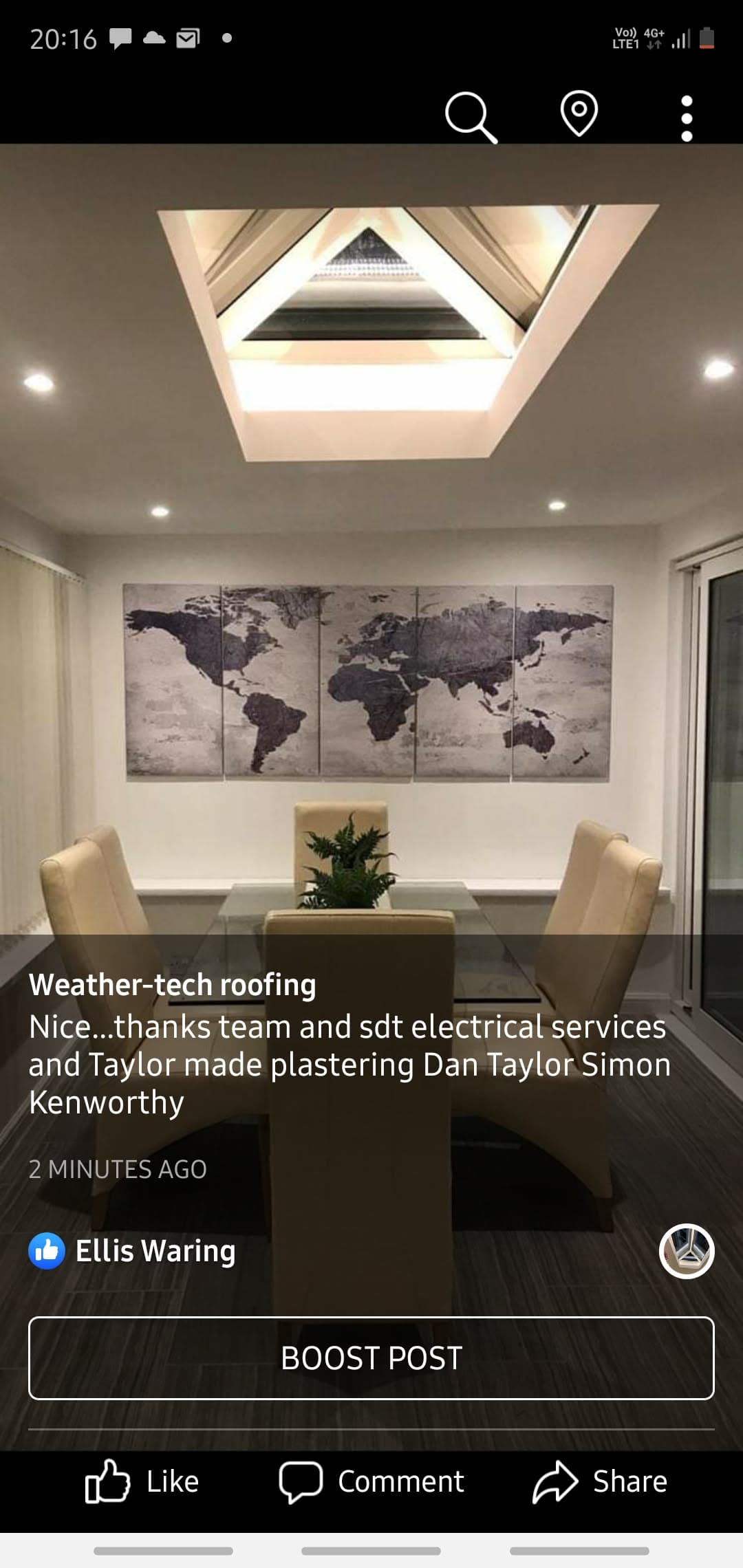 Interior view of completed roof lantern with white frame and glazing above dining area