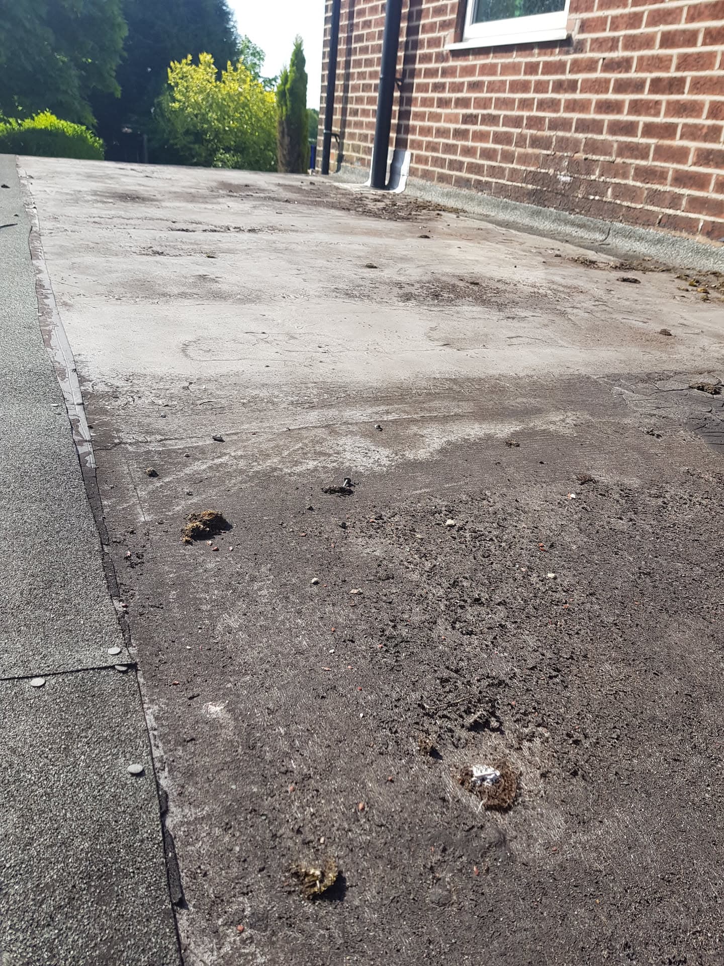 Flat roof with worn felt surface showing weathering and debris against brick wall