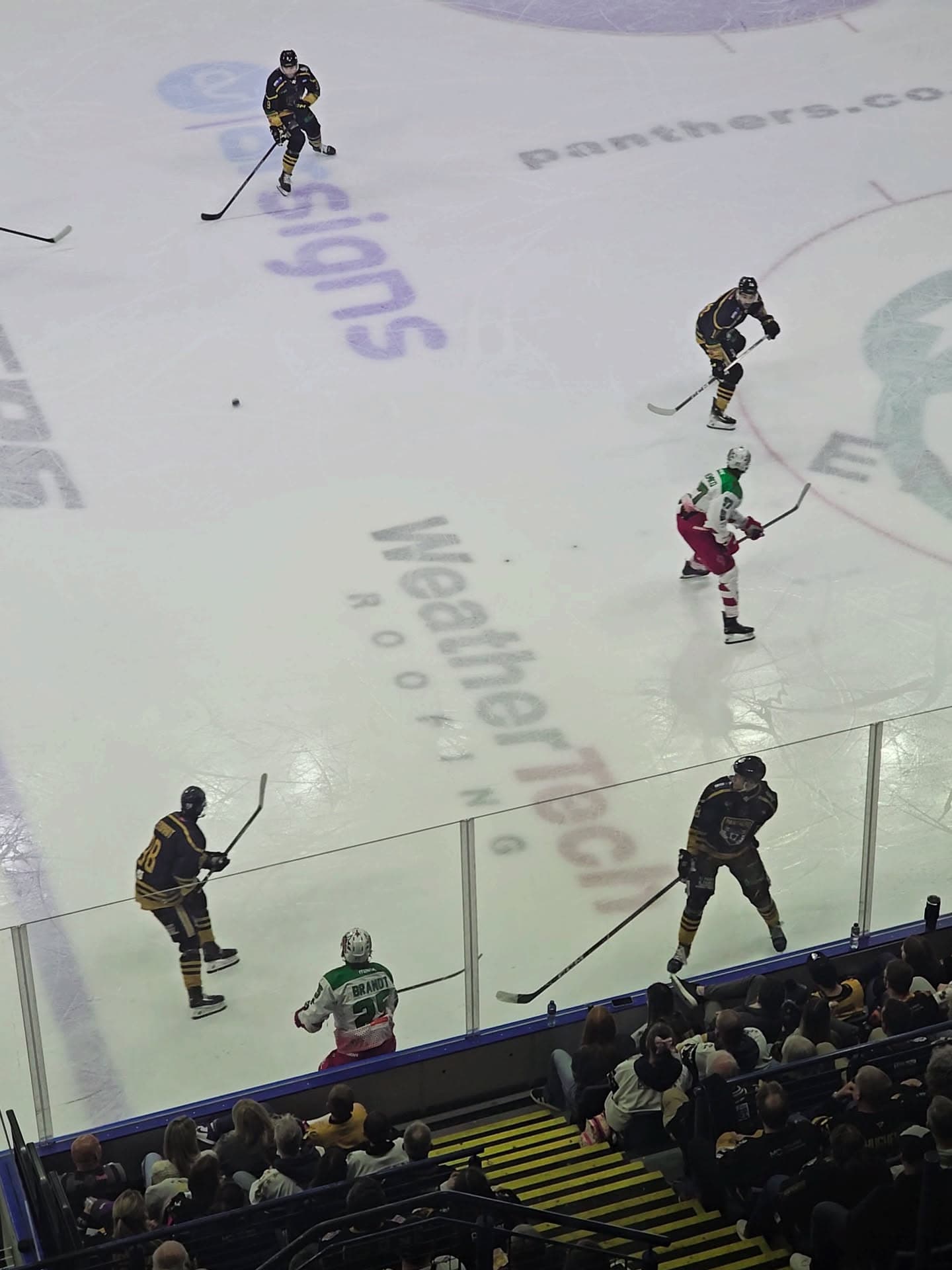 Nottingham Panthers in play over the WeatherTech logo on the Motorpoint Arena ice