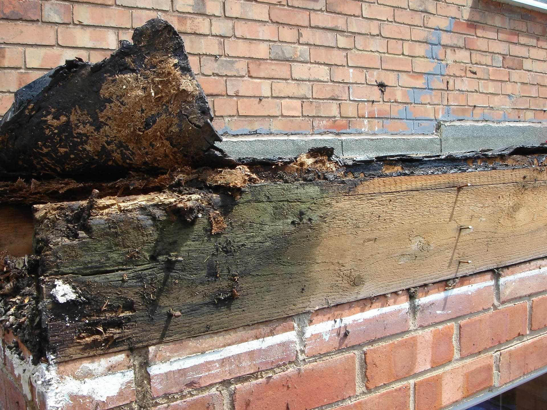 Severely damaged and rotted fascia board showing water damage and decay
