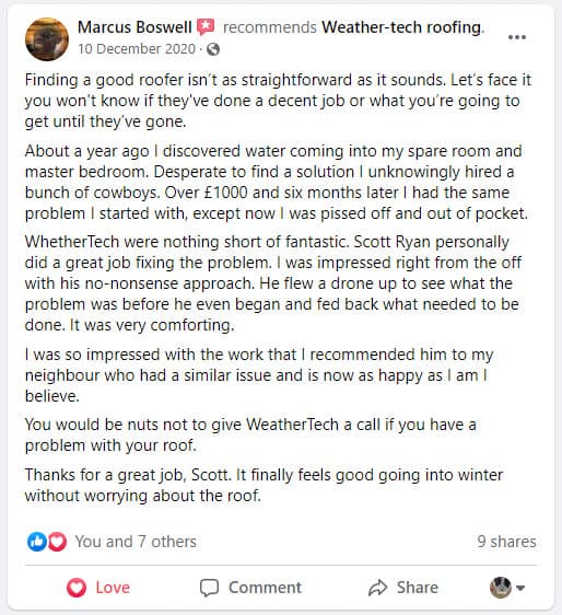 Facebook review from Marcus Boswell recommending WeatherTech Roofing for roof repair work