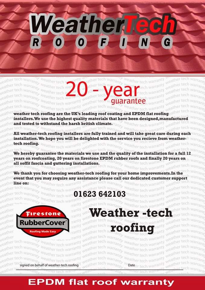 WeatherTech Roofing 20-year guarantee certificate for EPDM flat roof installation with red tiled roof background