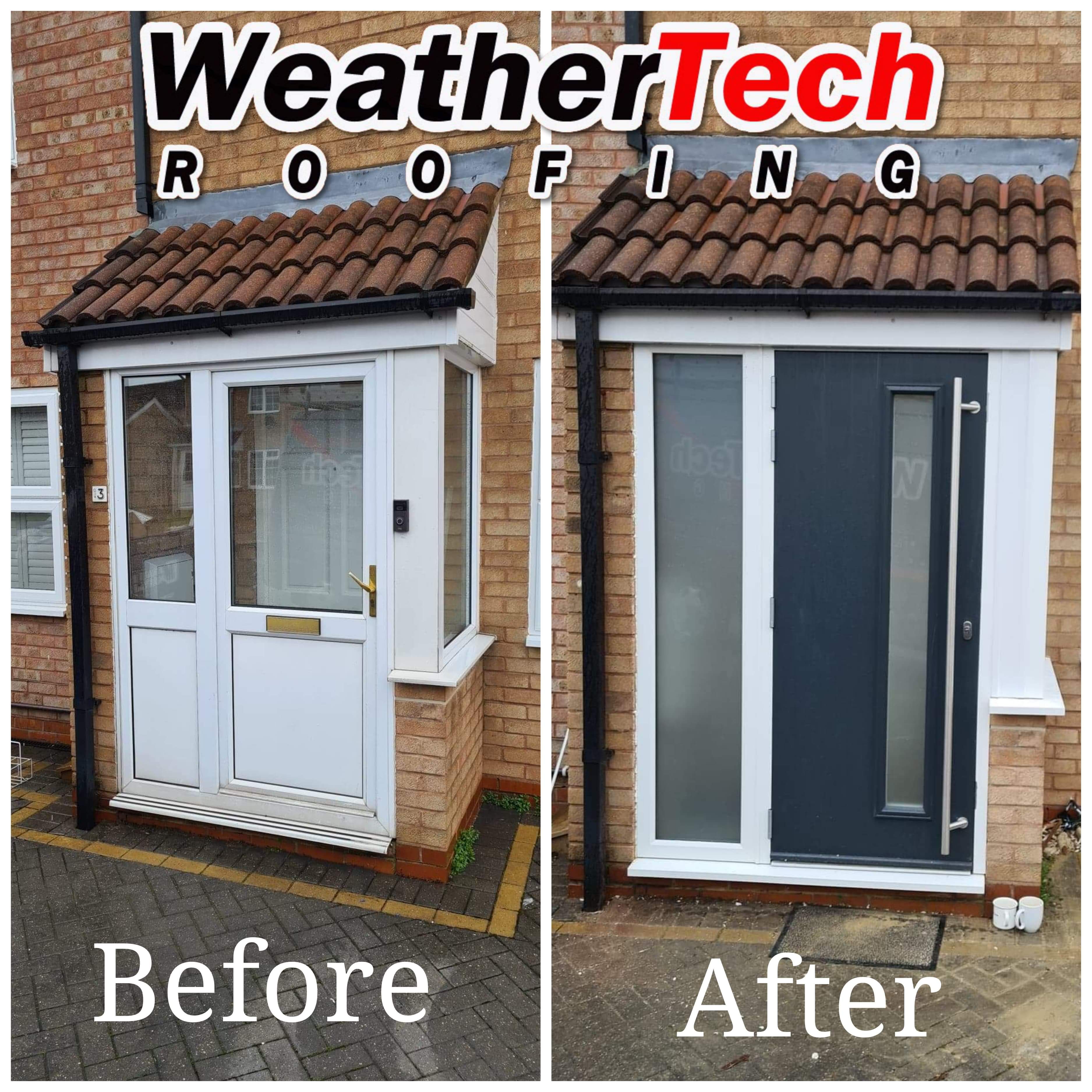 Pitched porch roof with brown clay tiles and black fascias and guttering