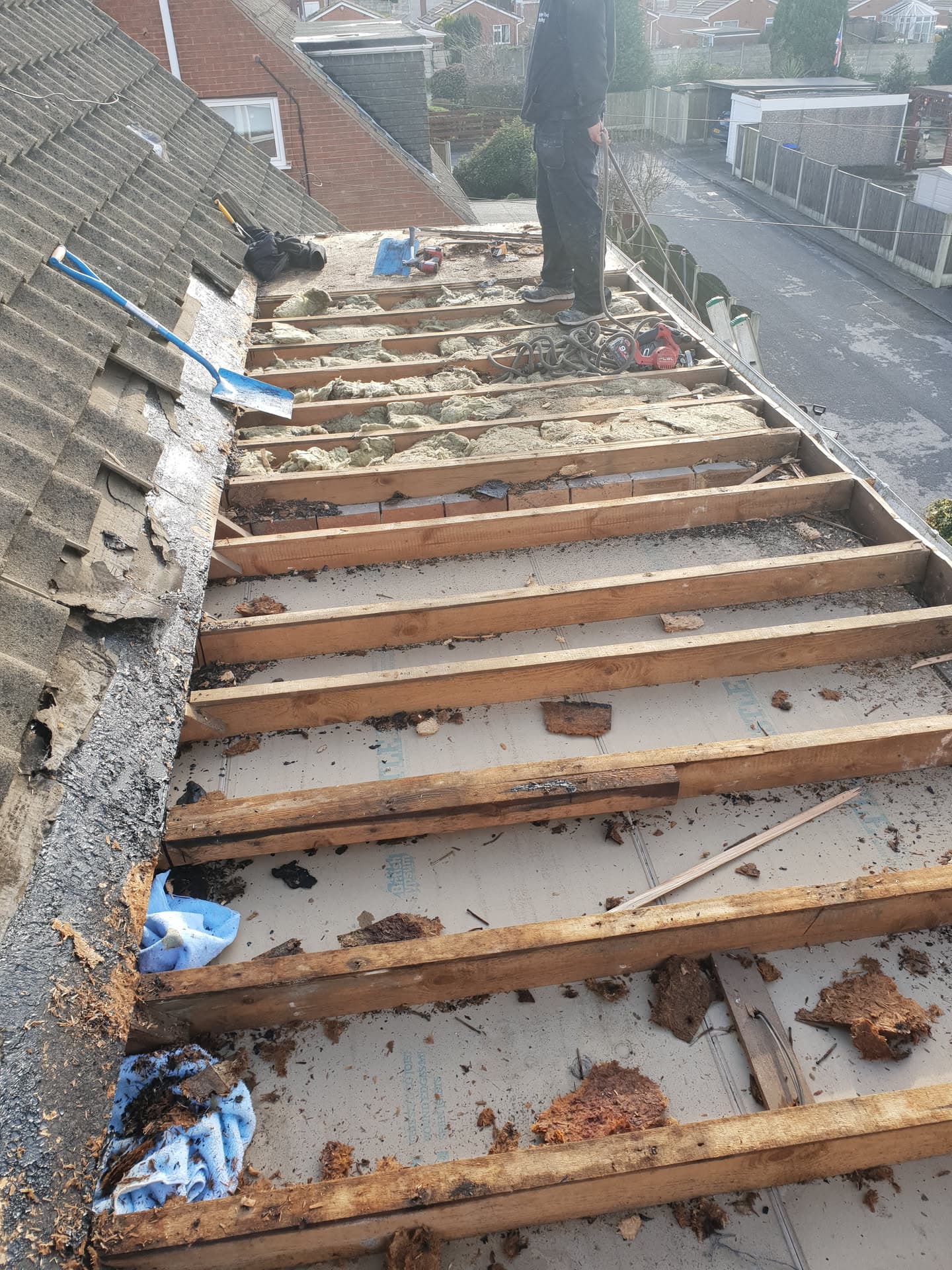 Flat roof extension with exposed timber joists during repair work, adjacent to tiled pitched roof