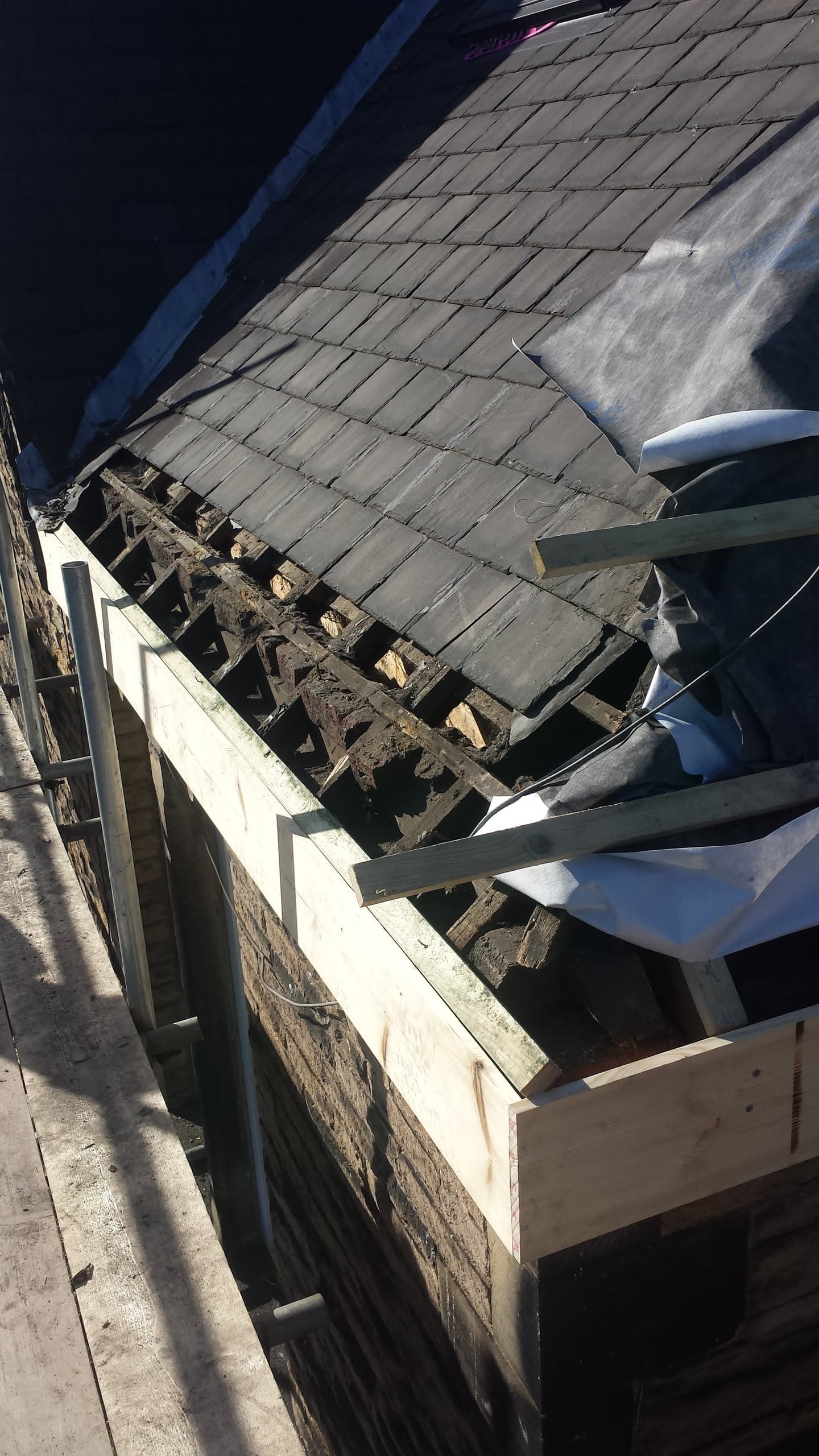 Pitched slate roof with exposed timber rafters during fascia and soffit replacement work