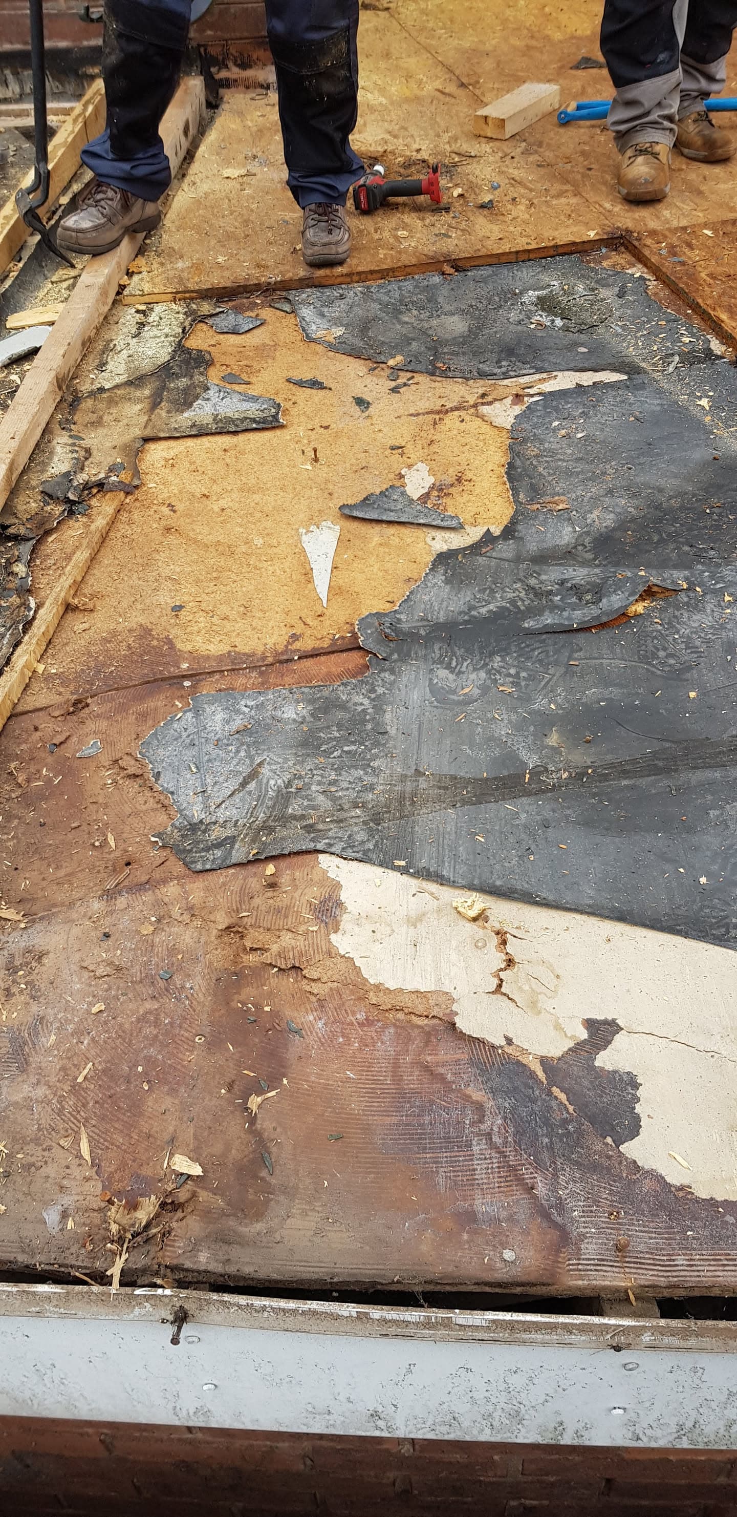 Flat roof repair in progress showing old felt being removed from timber decking