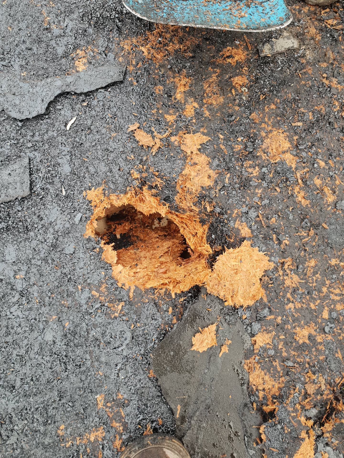 Damaged flat roof showing hole and deteriorated felt surface