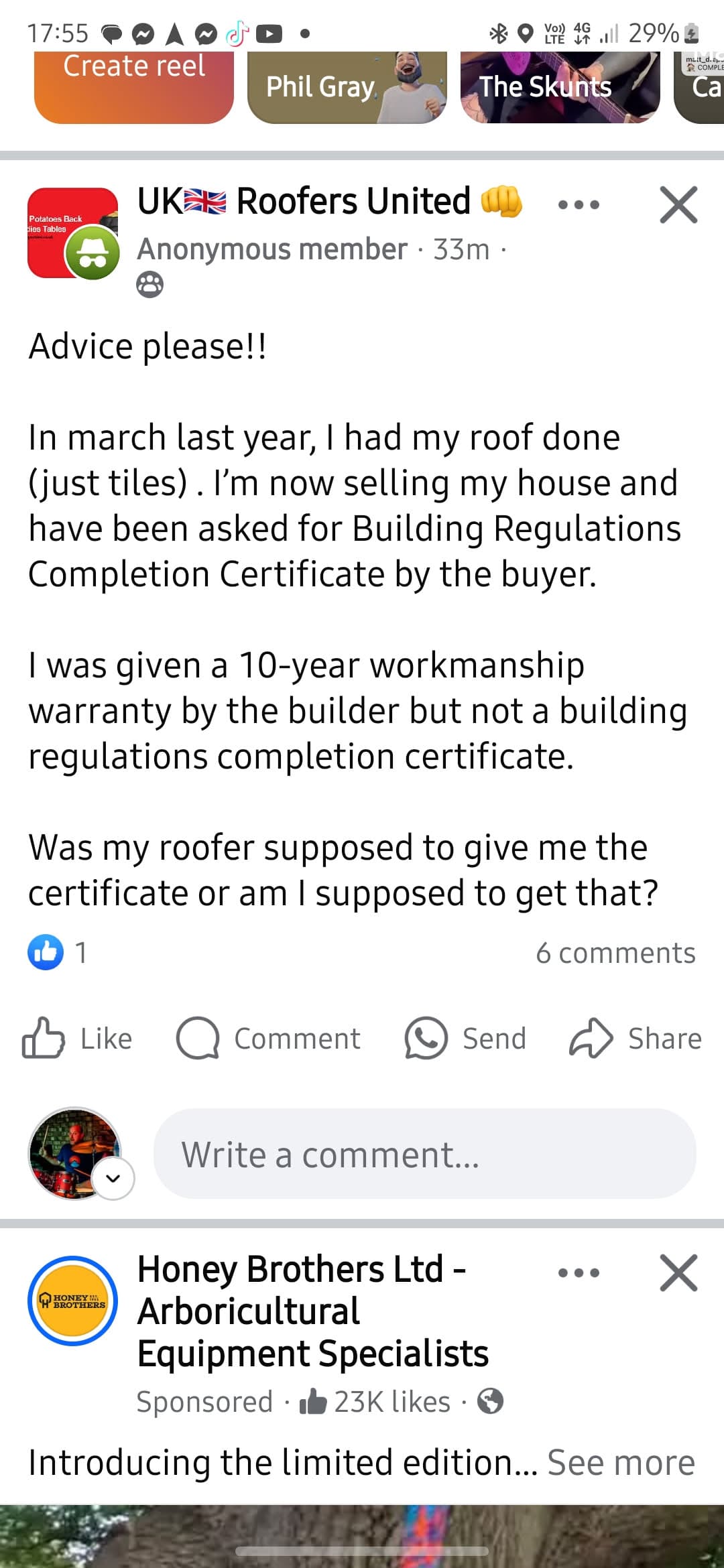 Screenshot of a social media post asking for advice about Building Regulations Completion Certificate for roof tile work