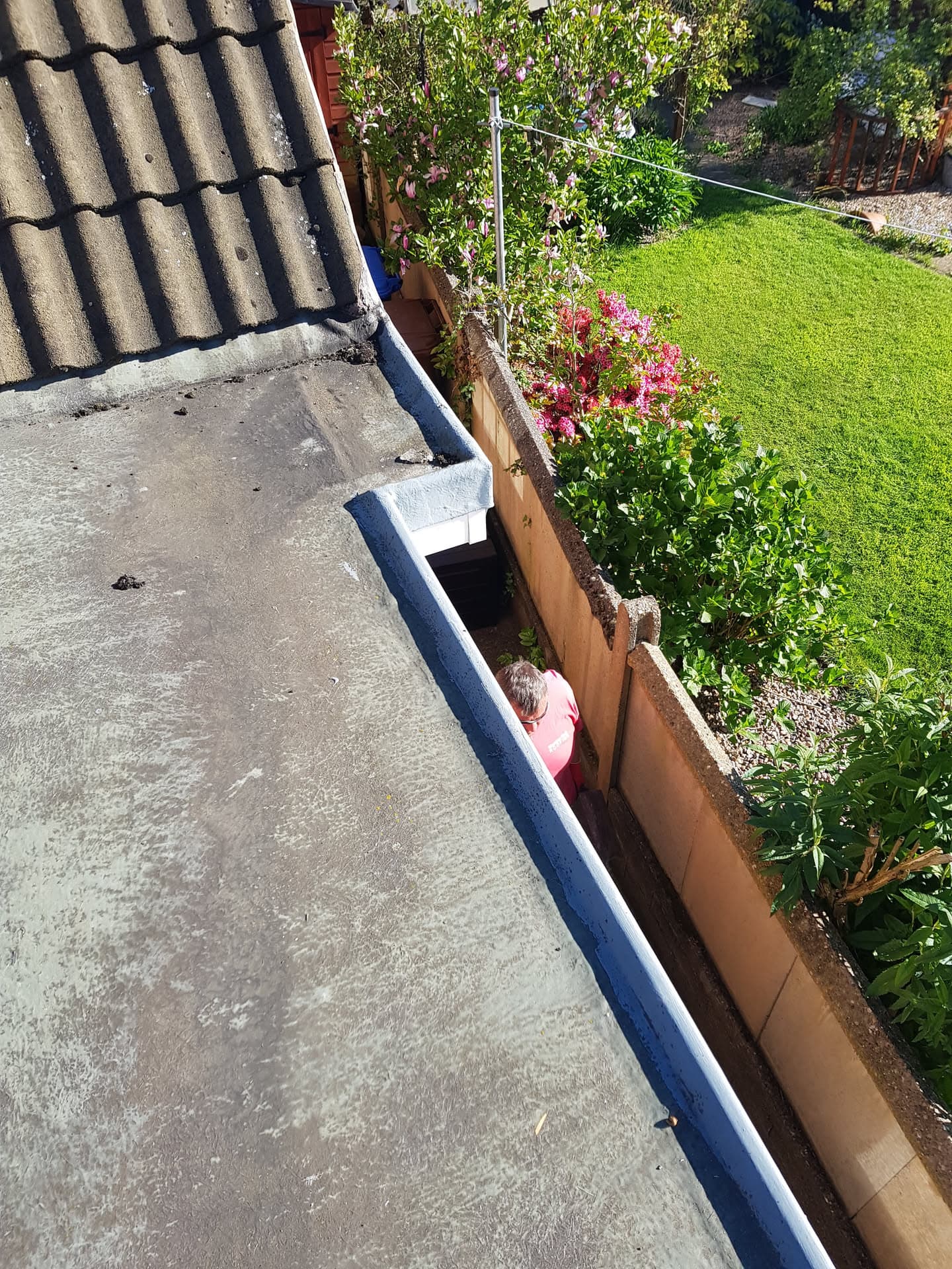 Flat roof with new white fascia board and guttering alongside pitched tiled roof