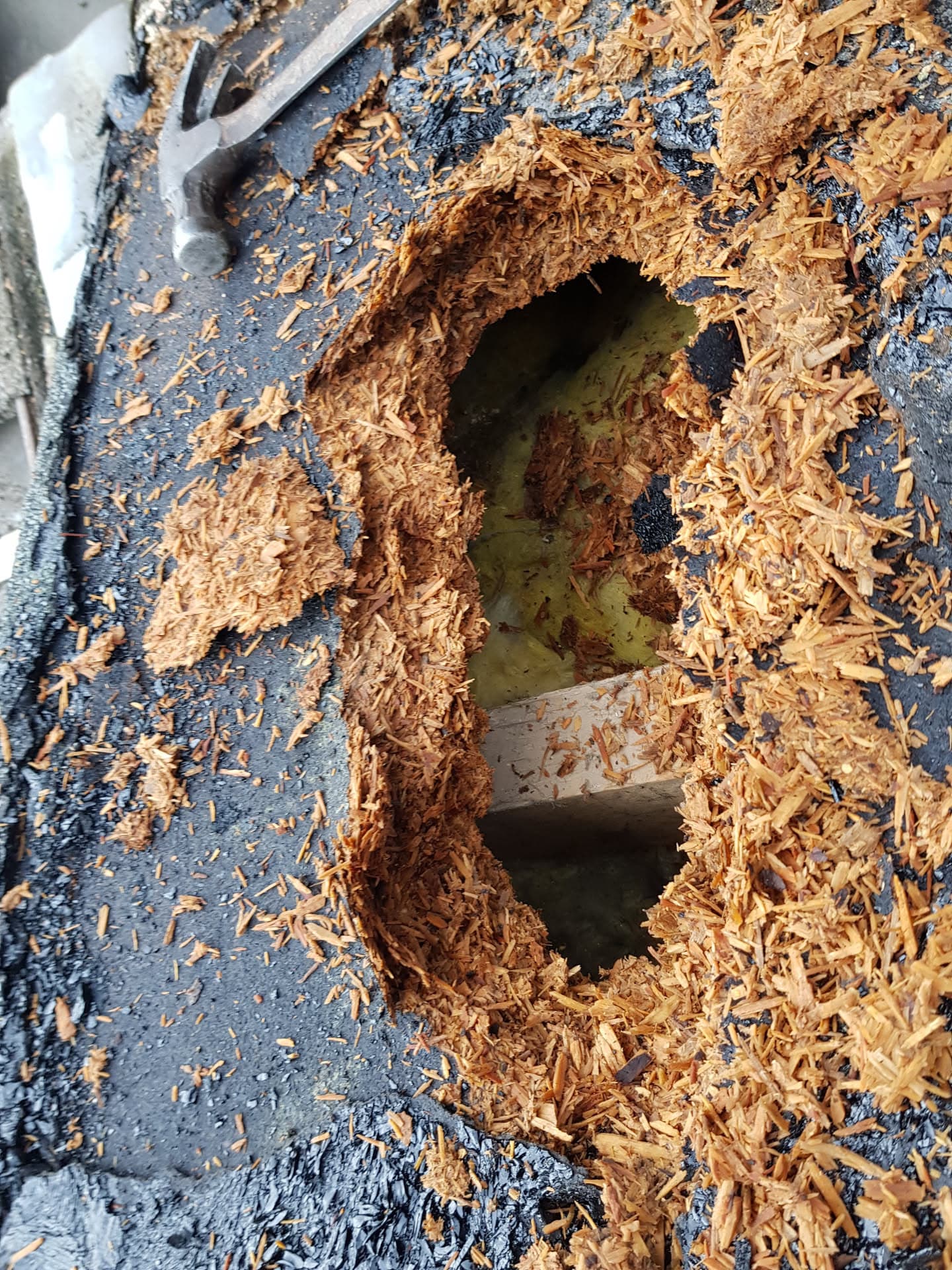 Damaged flat roof with hole exposing timber decking and wood shavings