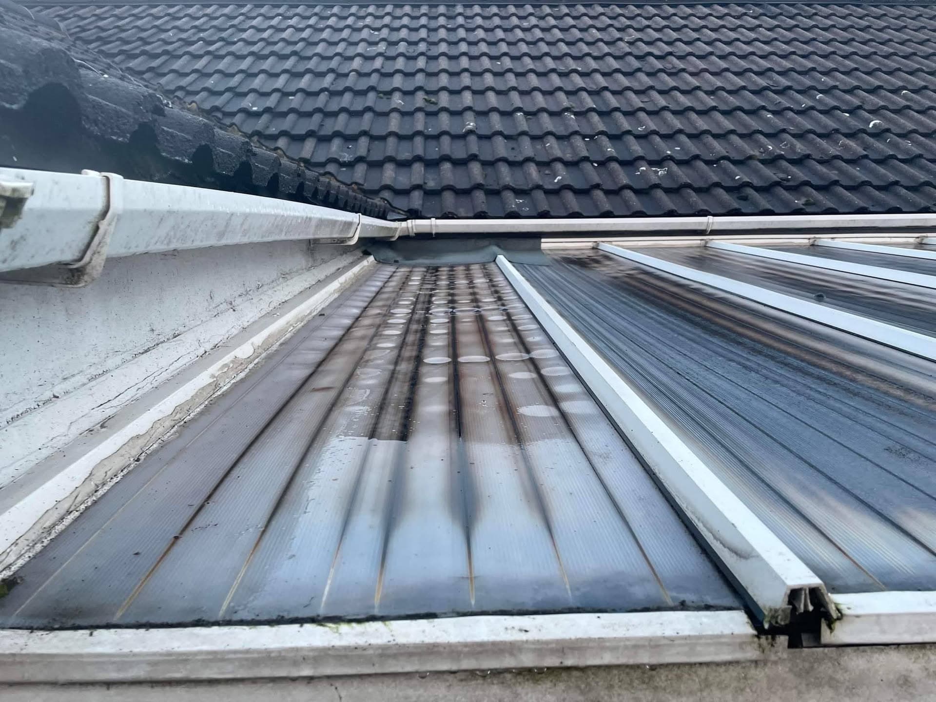 Grey corrugated metal conservatory roof with white fascia and guttering, adjacent dark tiled pitched roof