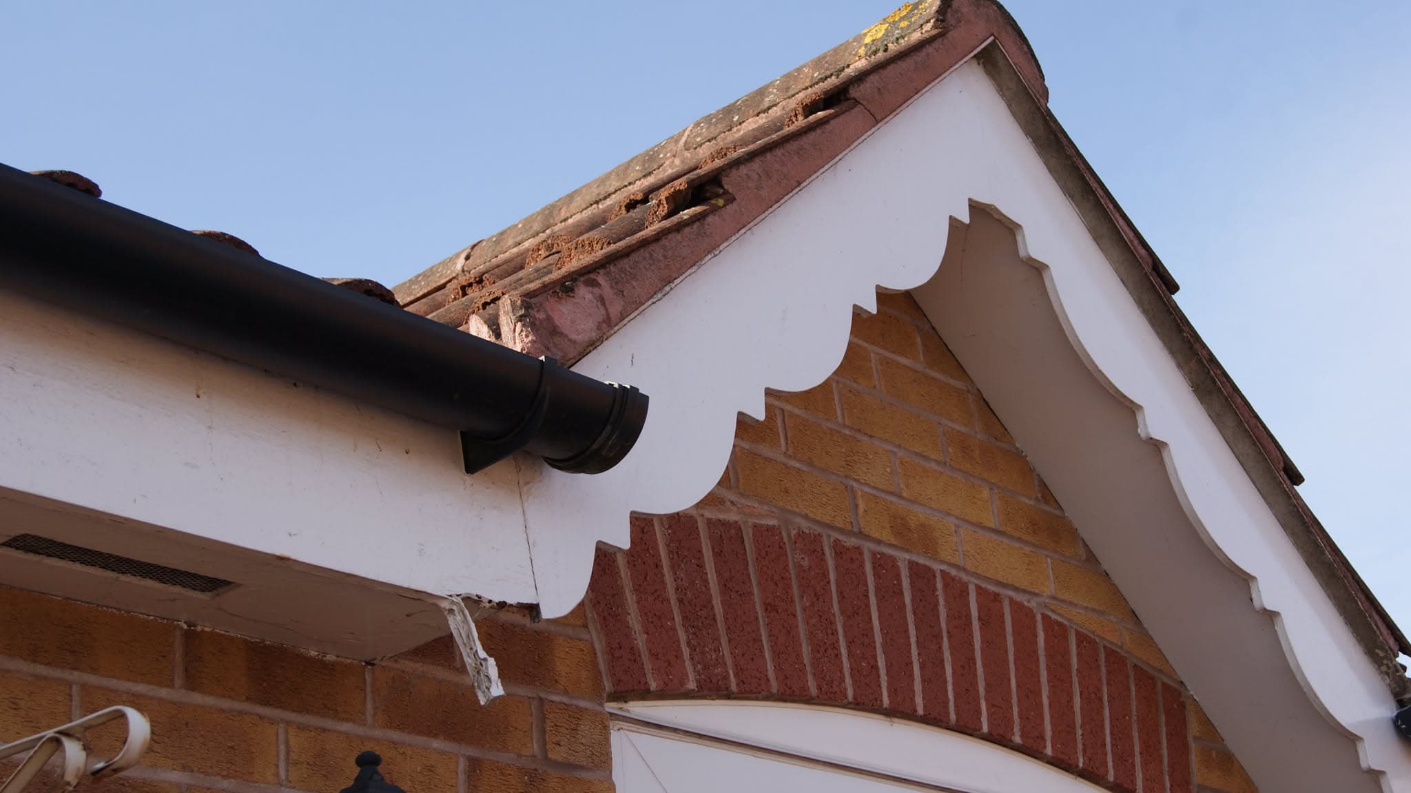Pitched roof with terracotta clay tiles and white fascia board with black guttering